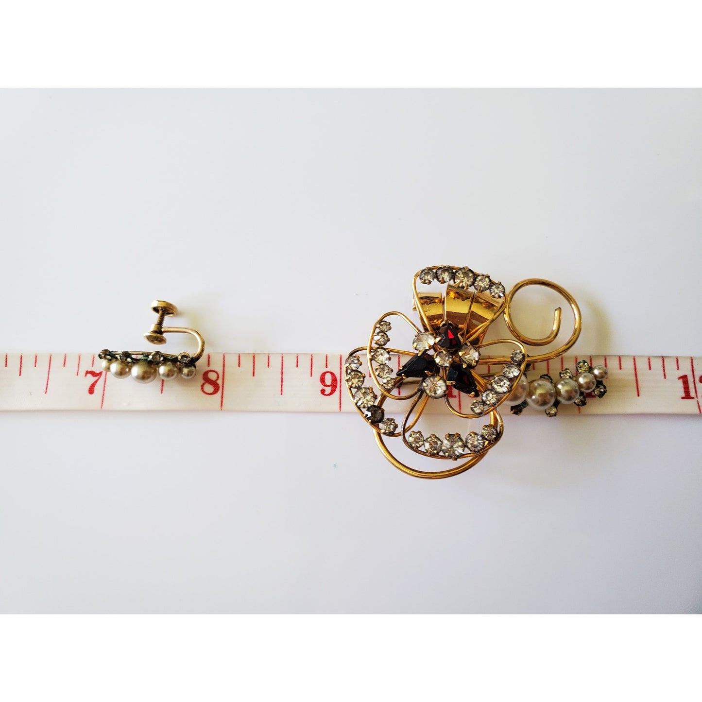 Vintage Gold Fill White Rhinestone Cocktail Set of Earrings and Brooch