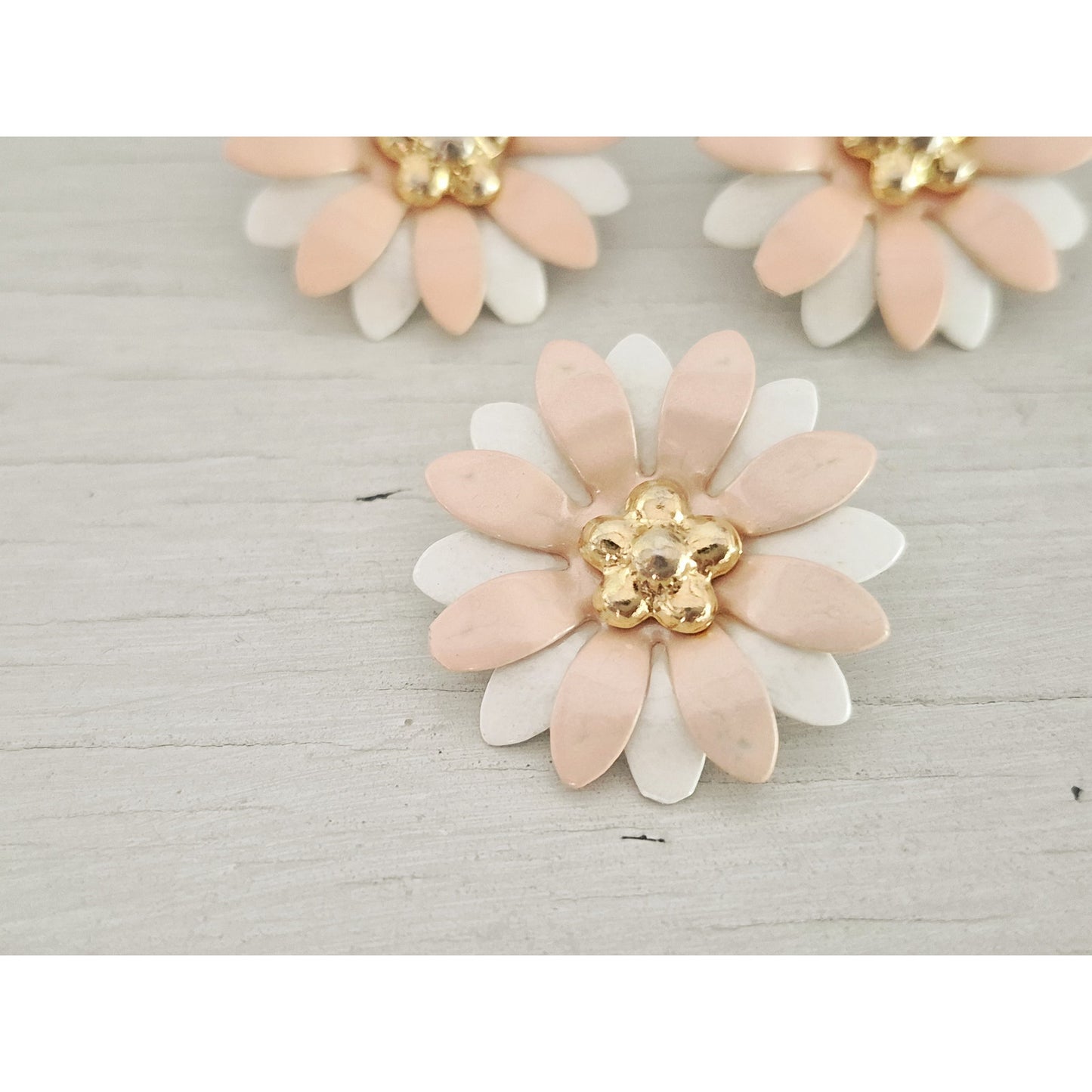 Blush Pink and White Layered Enamel Metal Flower Brooch and Earring Set