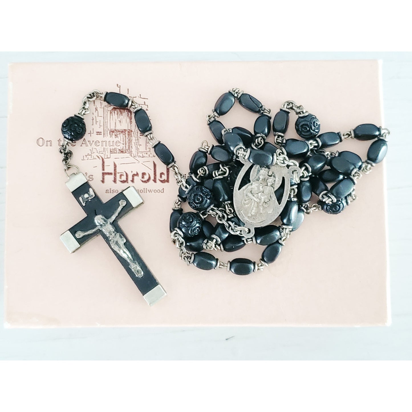 Vintage Ebony France Rosary Bead Lavalier Necklace