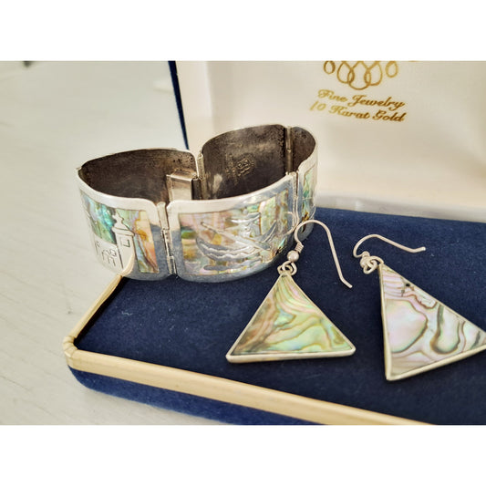 Vintage Sterling Silver Abalone Storyteller Panel Bracelet and Earring Set