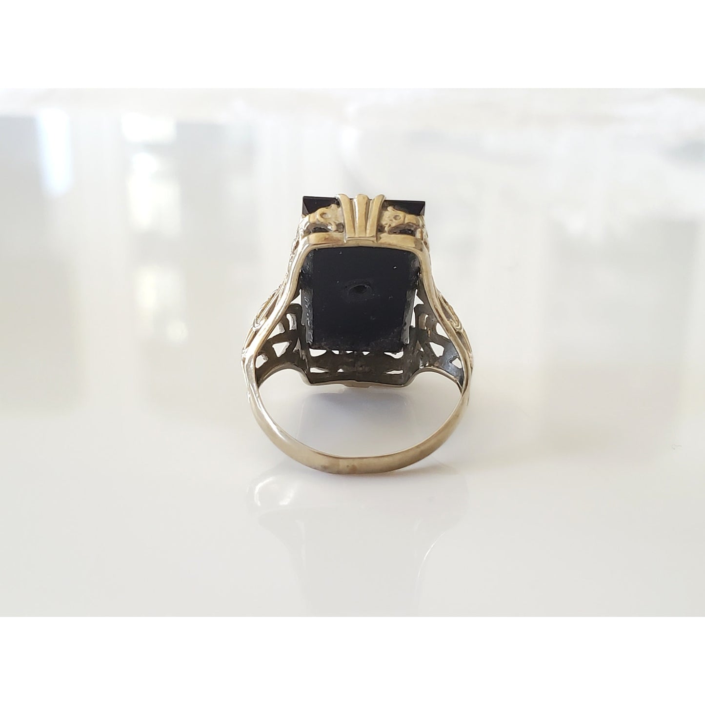 Vintage Art Deco 14K Gold Ostby Barton Onyx and Diamond FIligree Ring