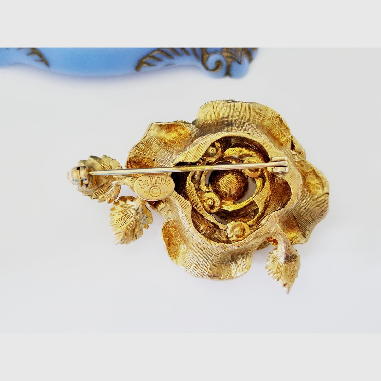 Vintage DeMario Gold Brushed Faux Pearls and Rhinestone Rose Brooch