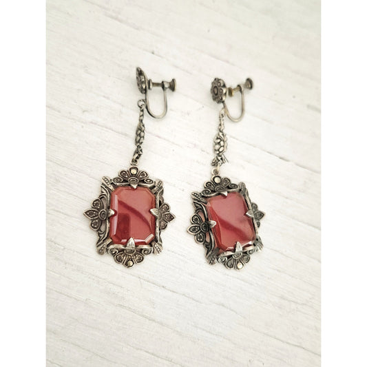 Vintage Victorian Art Deco Sterling Silver Carnelian Marcasite Dangle Earrings