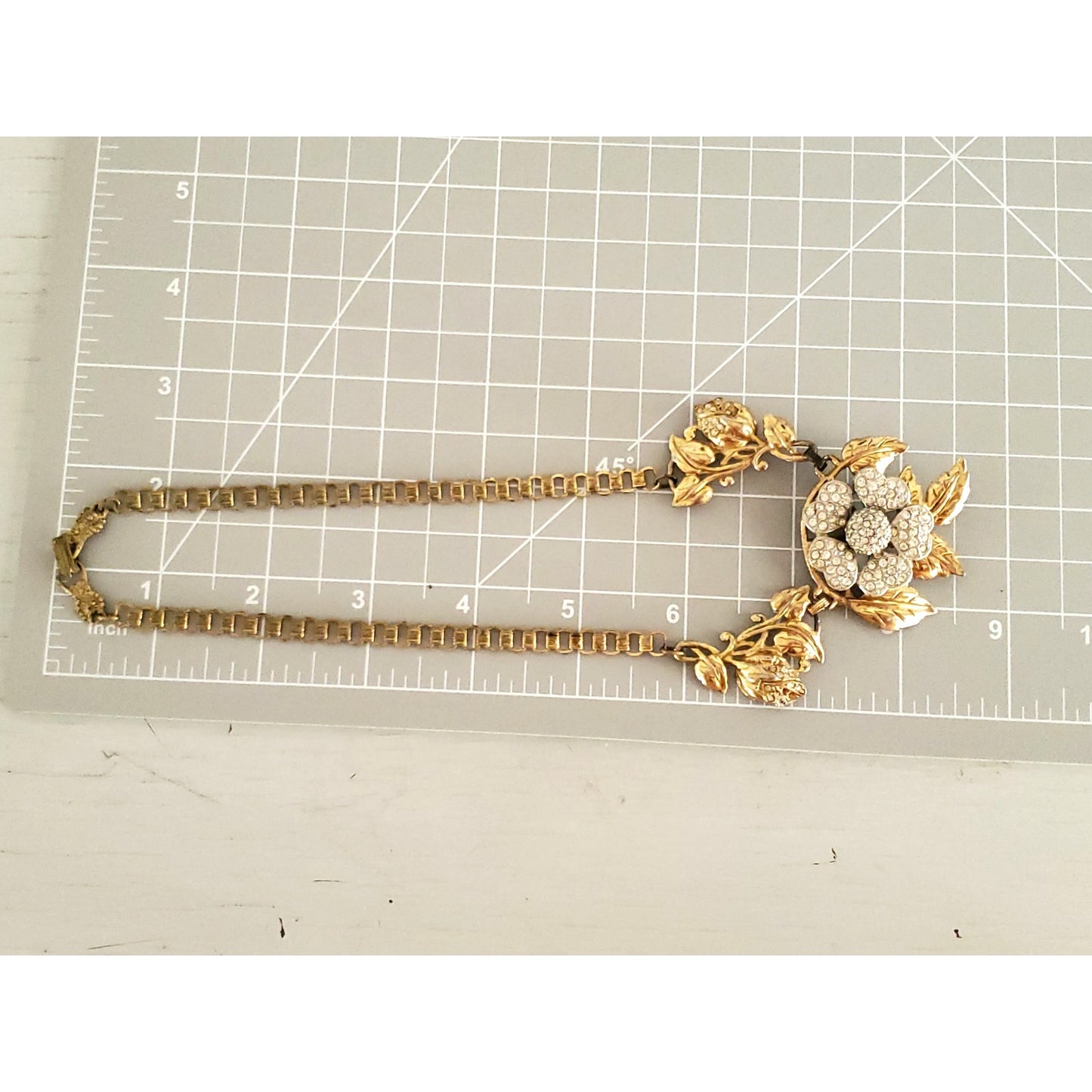 Vintage 1930s Book Chain Floral Rhinestone Statement Necklace and Bracelet Set
