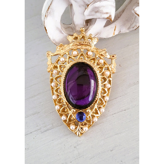 Vintage Purple Stone and Faux Pearl Crown Brooch