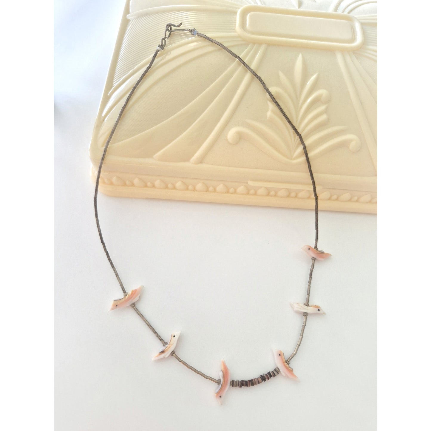 Vintage MOP Pink Birds Shell and Liquid Silver Bead Choker Necklace