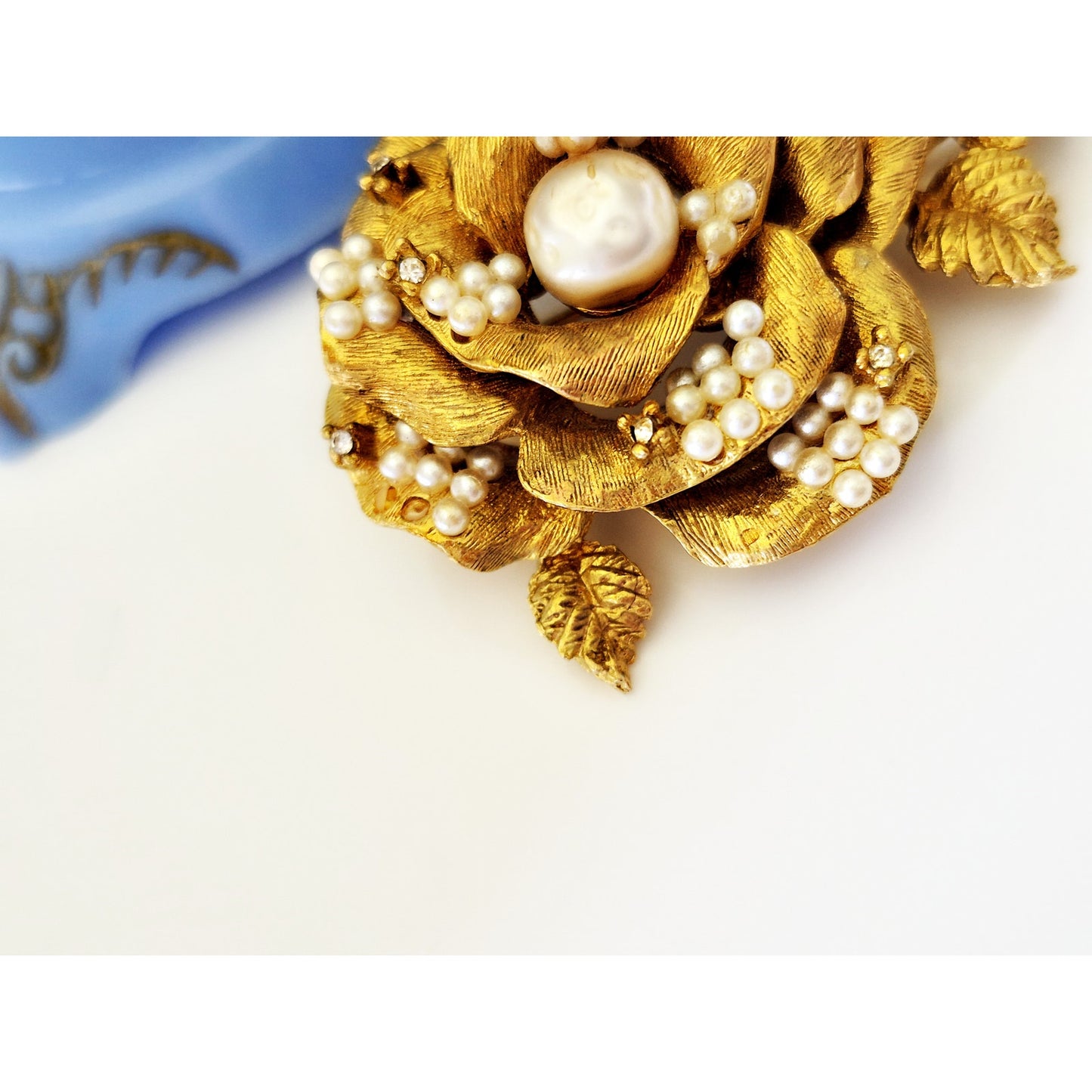 Vintage DeMario Gold Brushed Faux Pearls and Rhinestone Rose Brooch