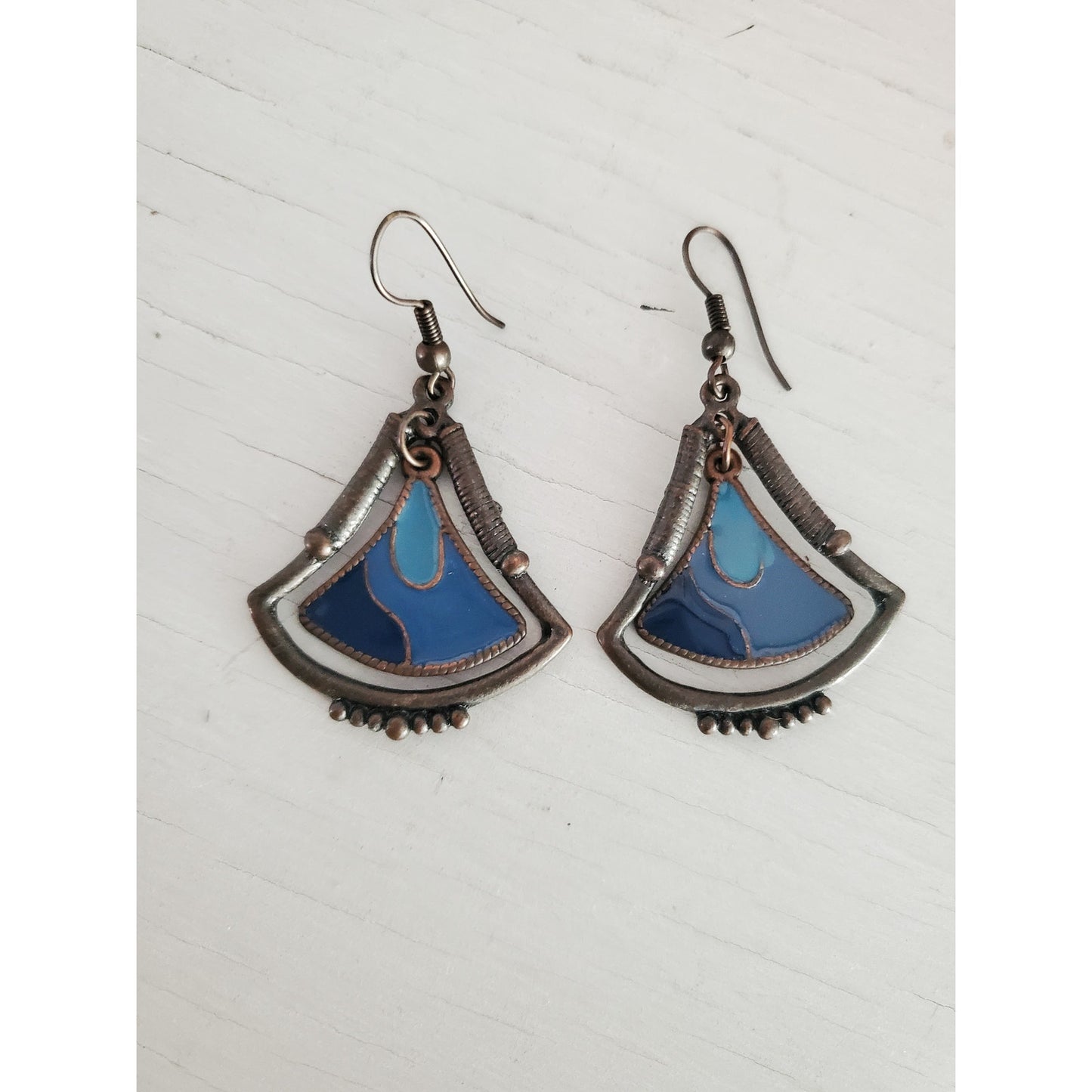 Vintage Silver-tone Blue Enamel Fan Dangle Earrings
