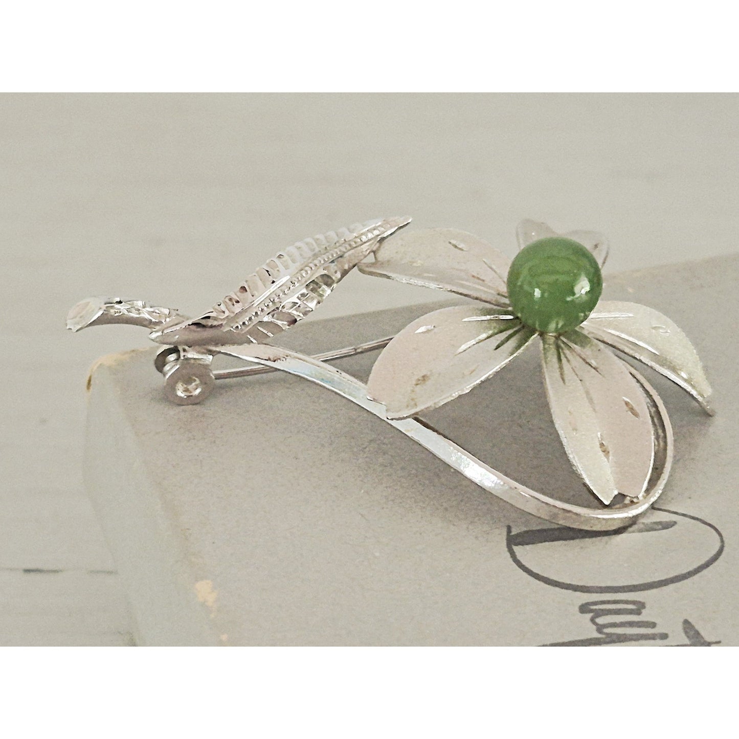 Vintage SIlver-tone Flower with Green Agate Stone Brooch