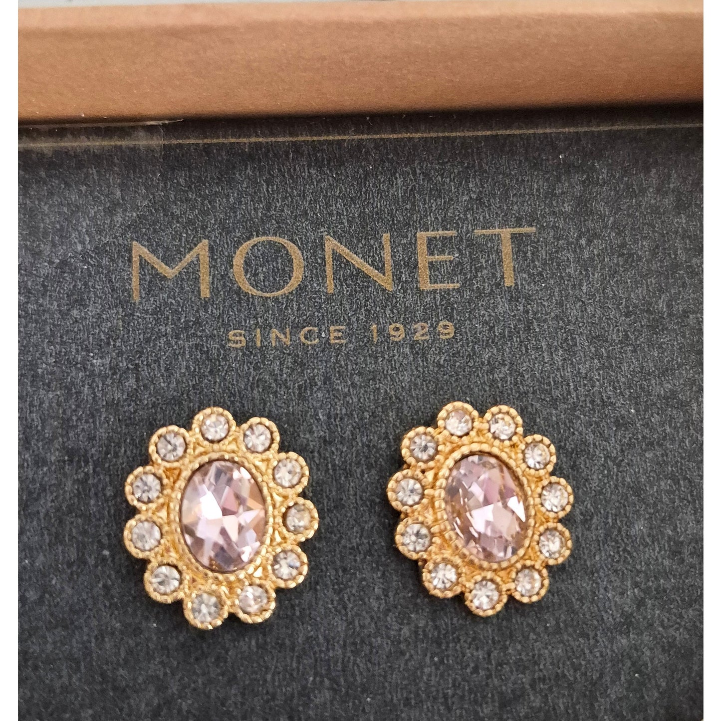 Vintage Monet Pink Stone Halo Faux Pearl Necklace with Earring Set