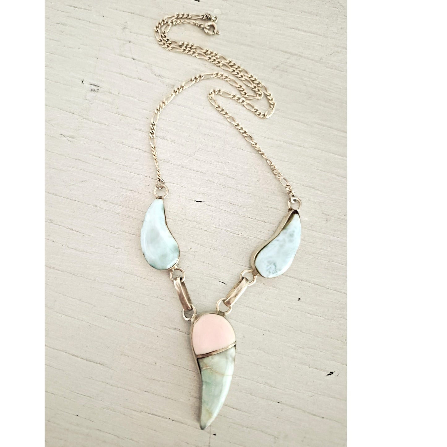Vintage Larimar Pastel Stone Sterling Silver Figaro Choker Necklace