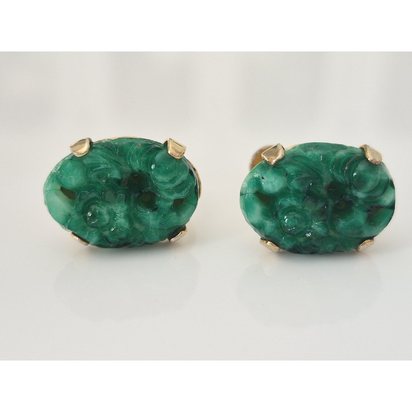 Vintage Mid-Century Faux Molded Glass Jade Screw On Earrings Lot of 2