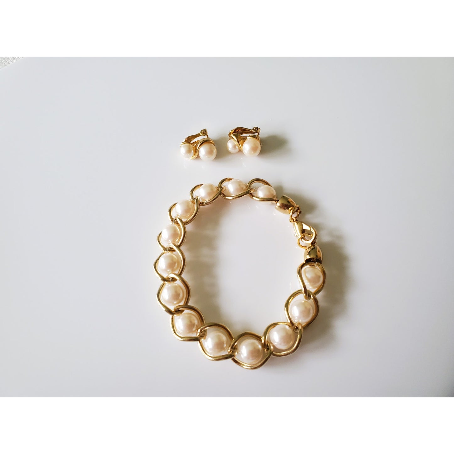 Vintage Faux Pearl and Gold Tone Bracelet and Earring Set by Richelieu