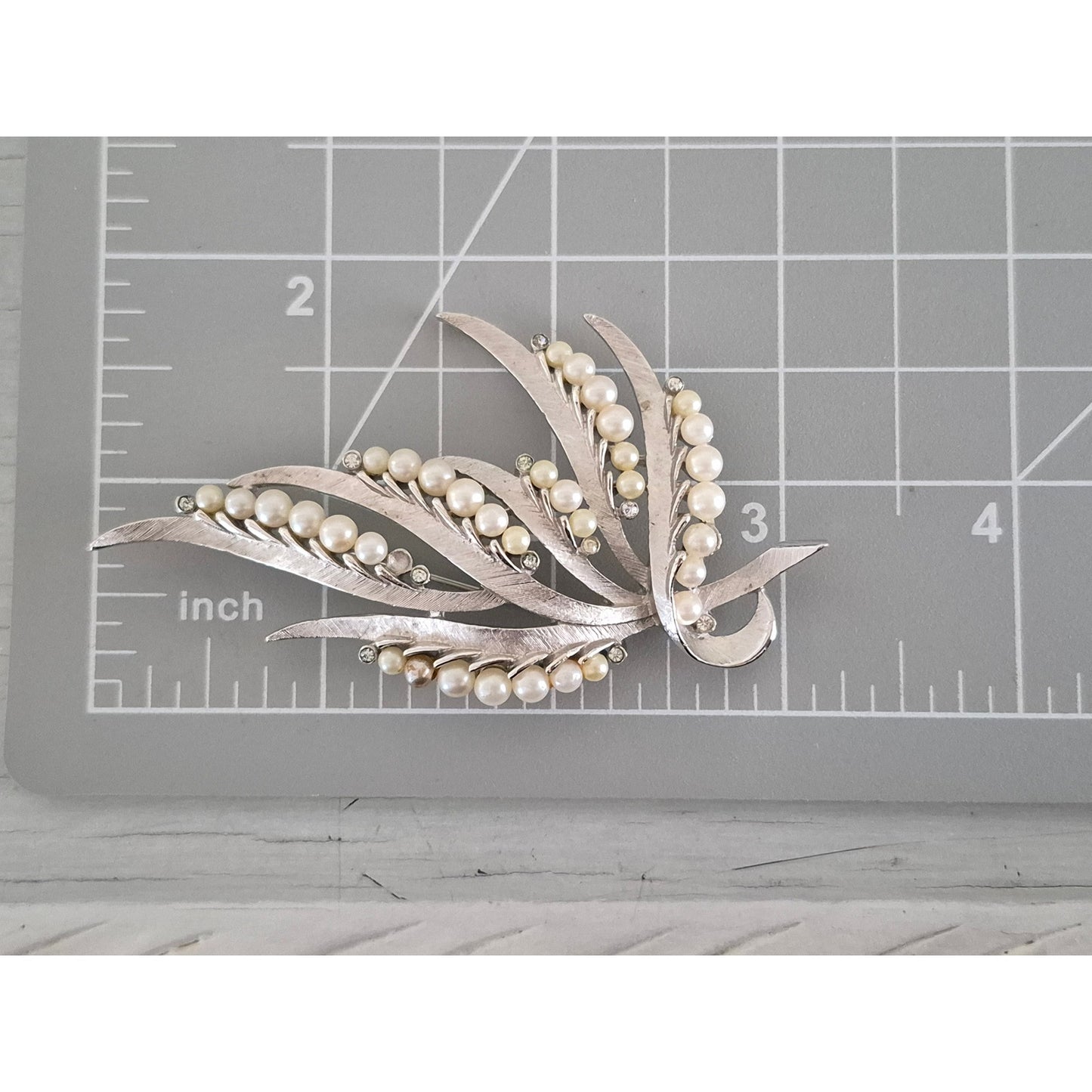 Vintage Crown Trifari 1960s Silver Tone Leaf with Faux Pearl Brooch