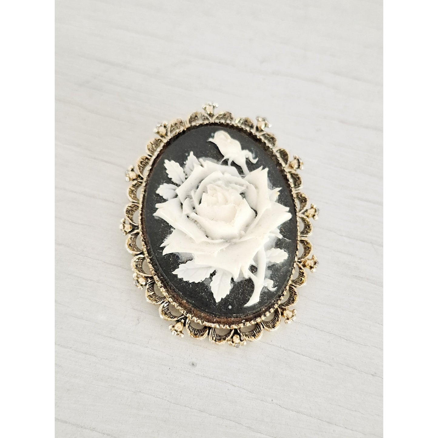 Vintage Gerrys Black and White Floral Resin Cameo Brooch