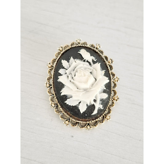 Vintage Gerrys Black and White Floral Resin Cameo Brooch