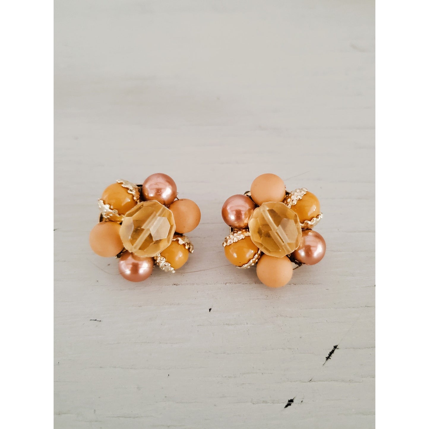 Vintage Japan Triple Strand Pink & Gold Tone Faux Pearl Necklace and Earring Set