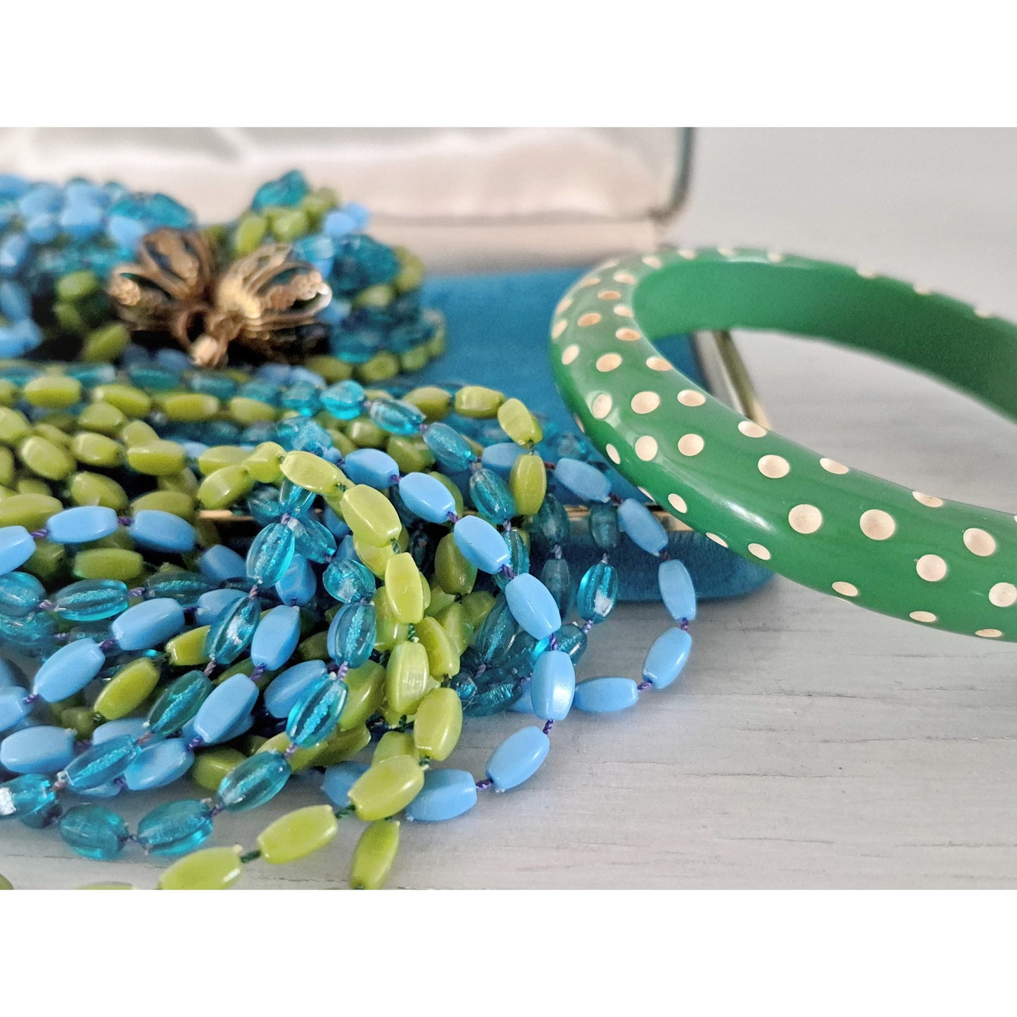 Vintage Mid-Century Blue and Green Necklace and Bracelet Set
