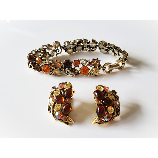 Vintage Mid-Century Weiss and Lisner Amber Rhinestone AB Jewelry Set