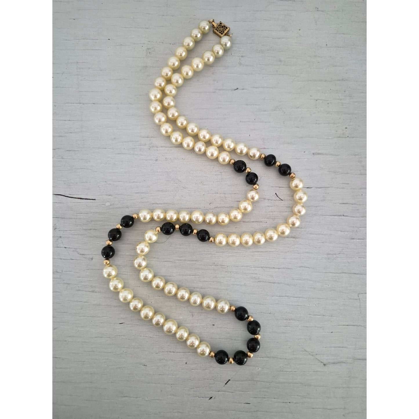 Vintage Faux Pearl Black Beaded Necklace with Sterling Silver Filigree Box Clasp