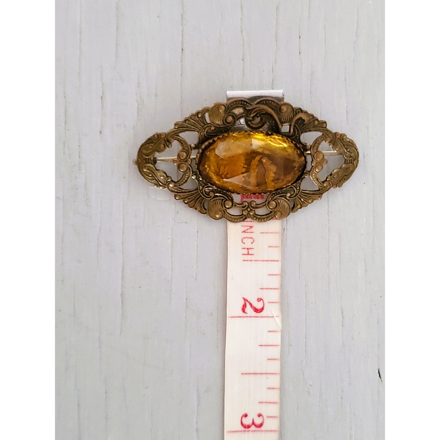 Vintage Art Deco Floral Filigree Amber Glass C Clasp Brooch