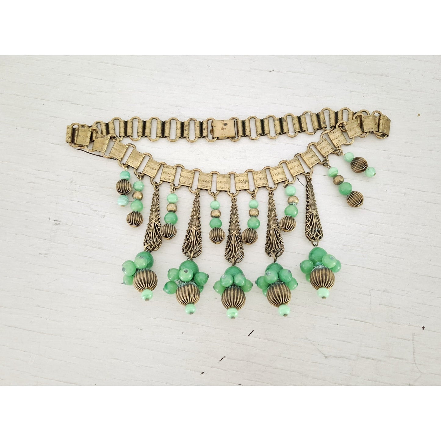 Antique Vintage Art Deco Book Chain Czech Glass Filigree Dangle Collar Necklace