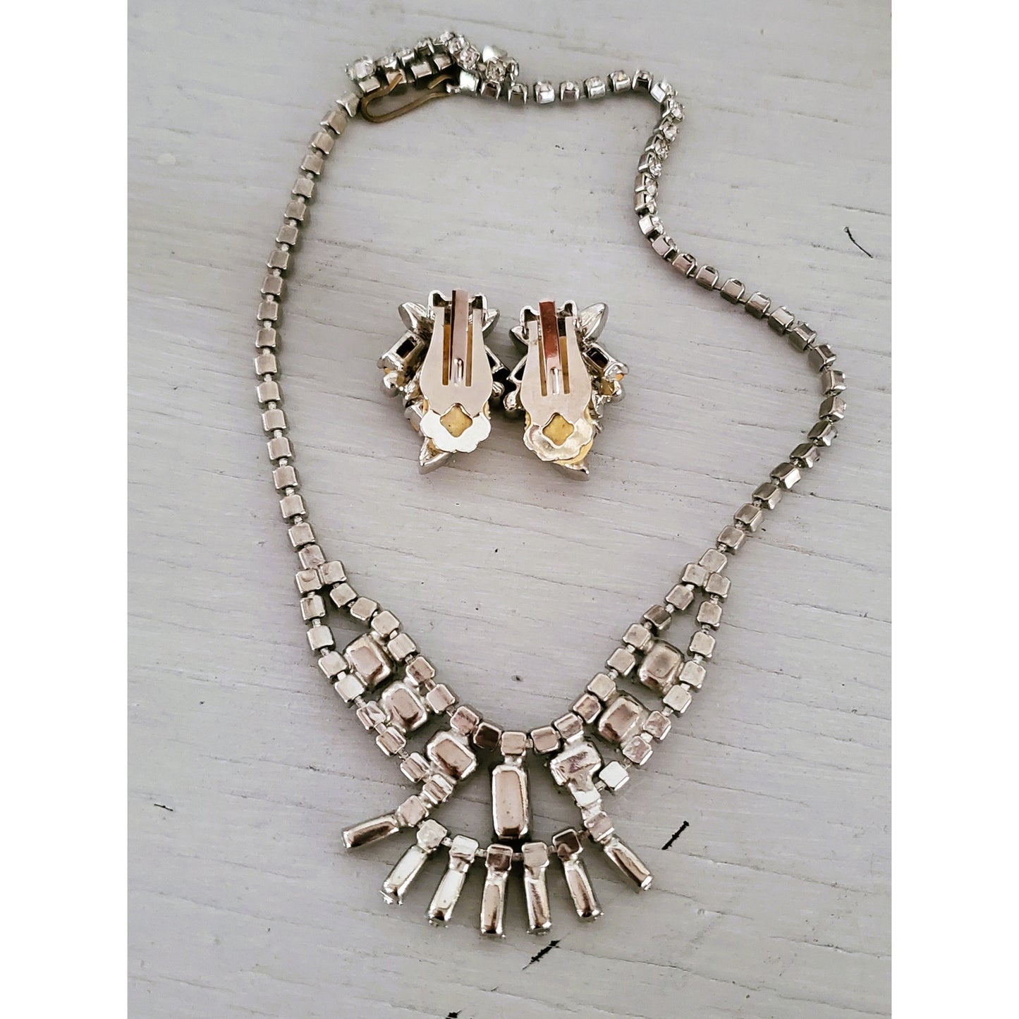 Vintage Clear Rhinestone Choker Necklace and Earring Set