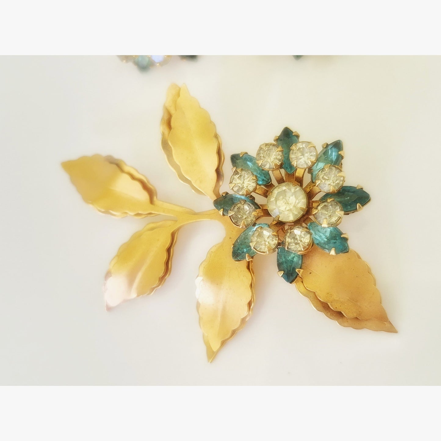 Vintage Gold-fill Blue and White Rhinestone Floral Brooch and Earring Set