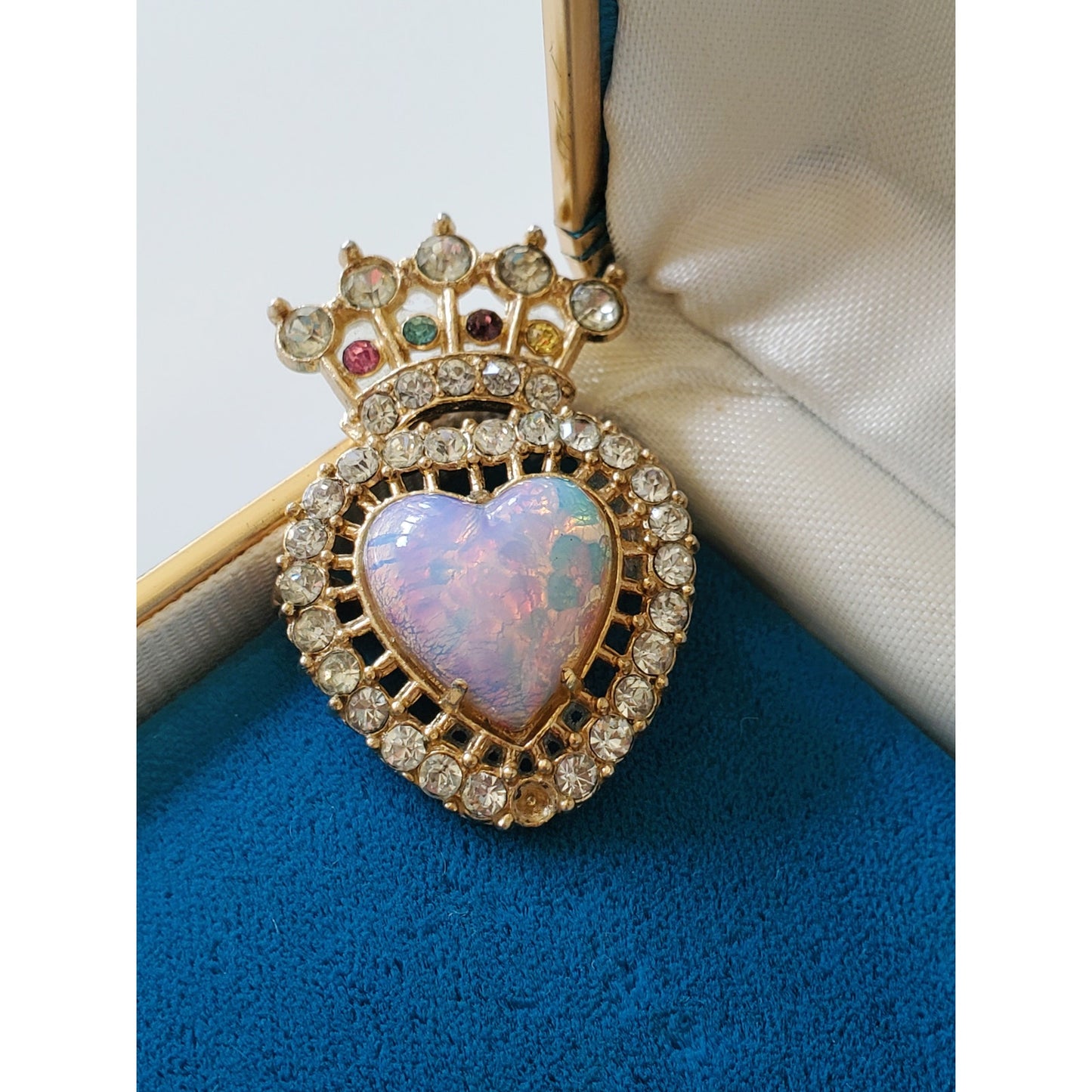 Vintage Glass Opal Crown Gold Tone Rhinestone Brooch