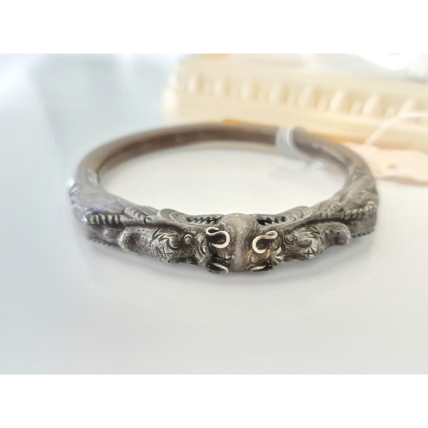 Vintage Sterling Silver & Bamboo Chinese Dragon Bangle Bracelet