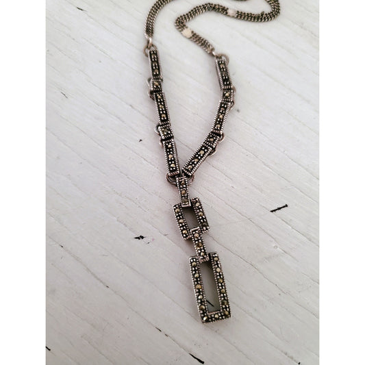Modernist Sterling Silver Marcasite Lariat Necklace