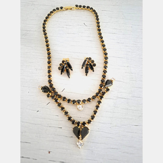 Vintage Black Rhinestone Goldtone Choker Necklace and Earring Set