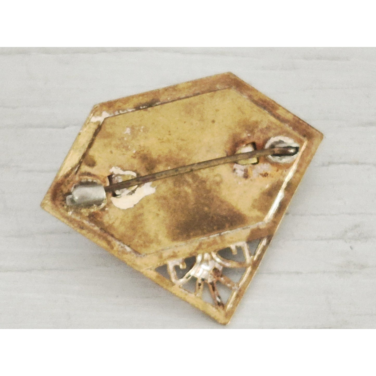 Vintage Art Deco Gold Tone Enamel Glass Floral Pin Brooch