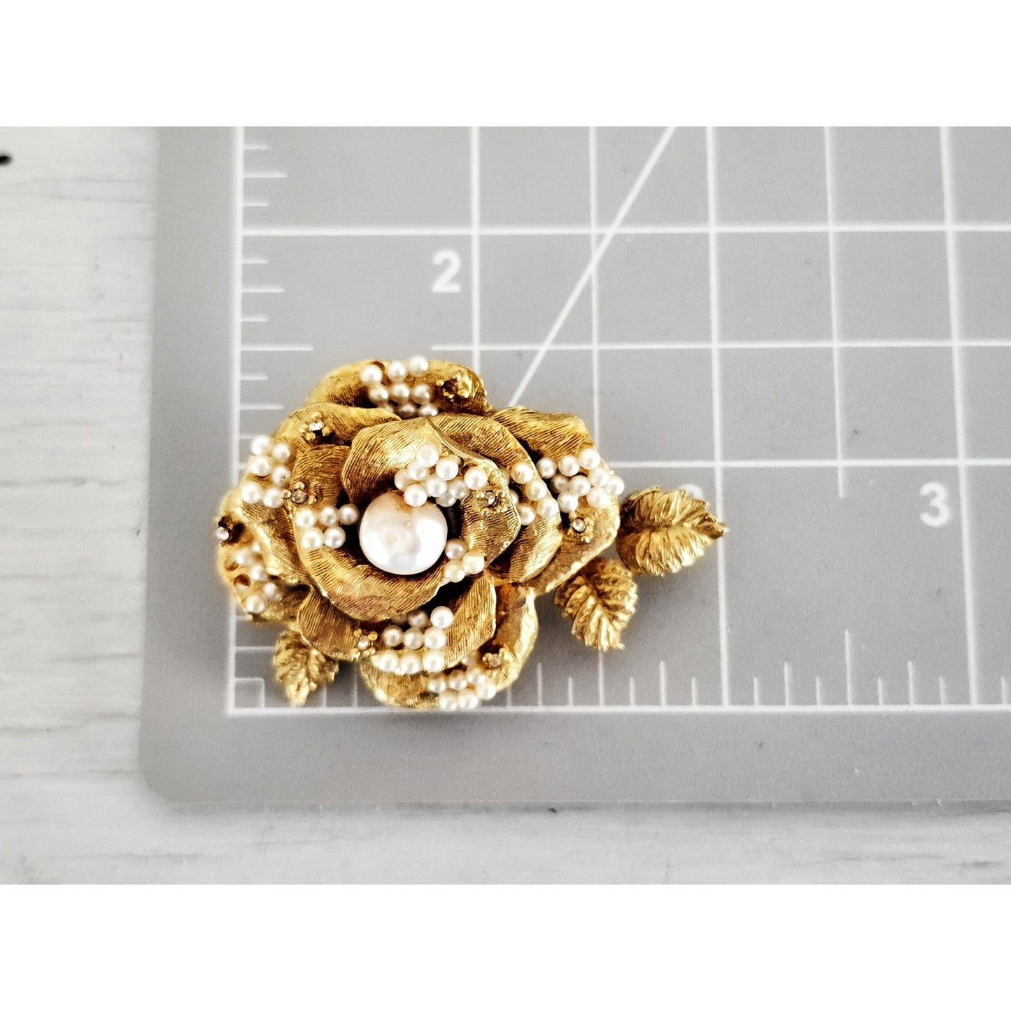 Vintage DeMario Gold Brushed Faux Pearls and Rhinestone Rose Brooch