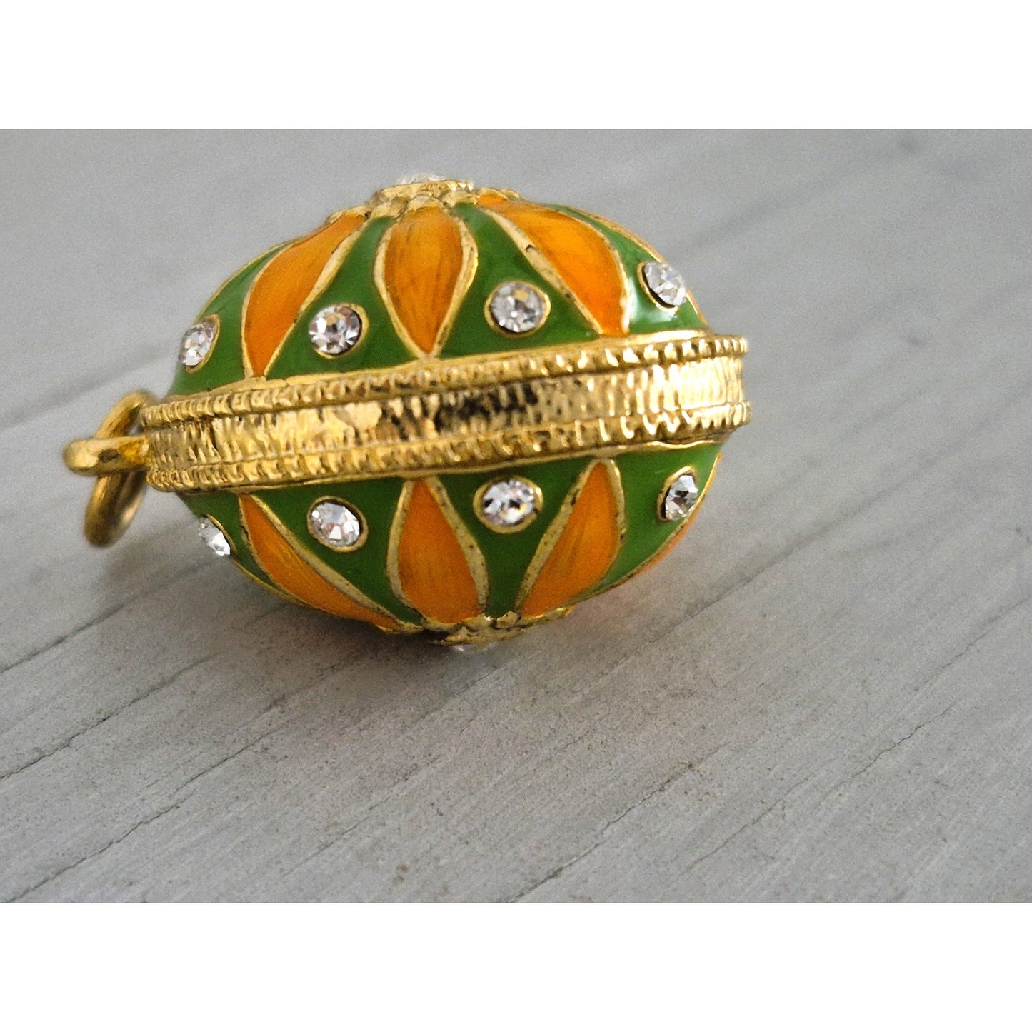 Vintage Green and Yellow Gold Tone Enamel Egg Pendant