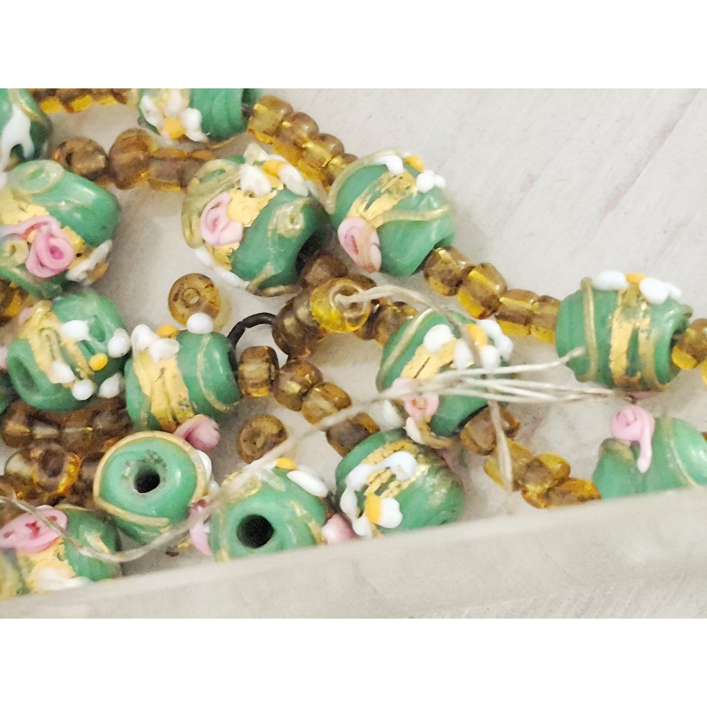 Vintage Light Green and Pink Hand Painted Italian Lamp work Beads