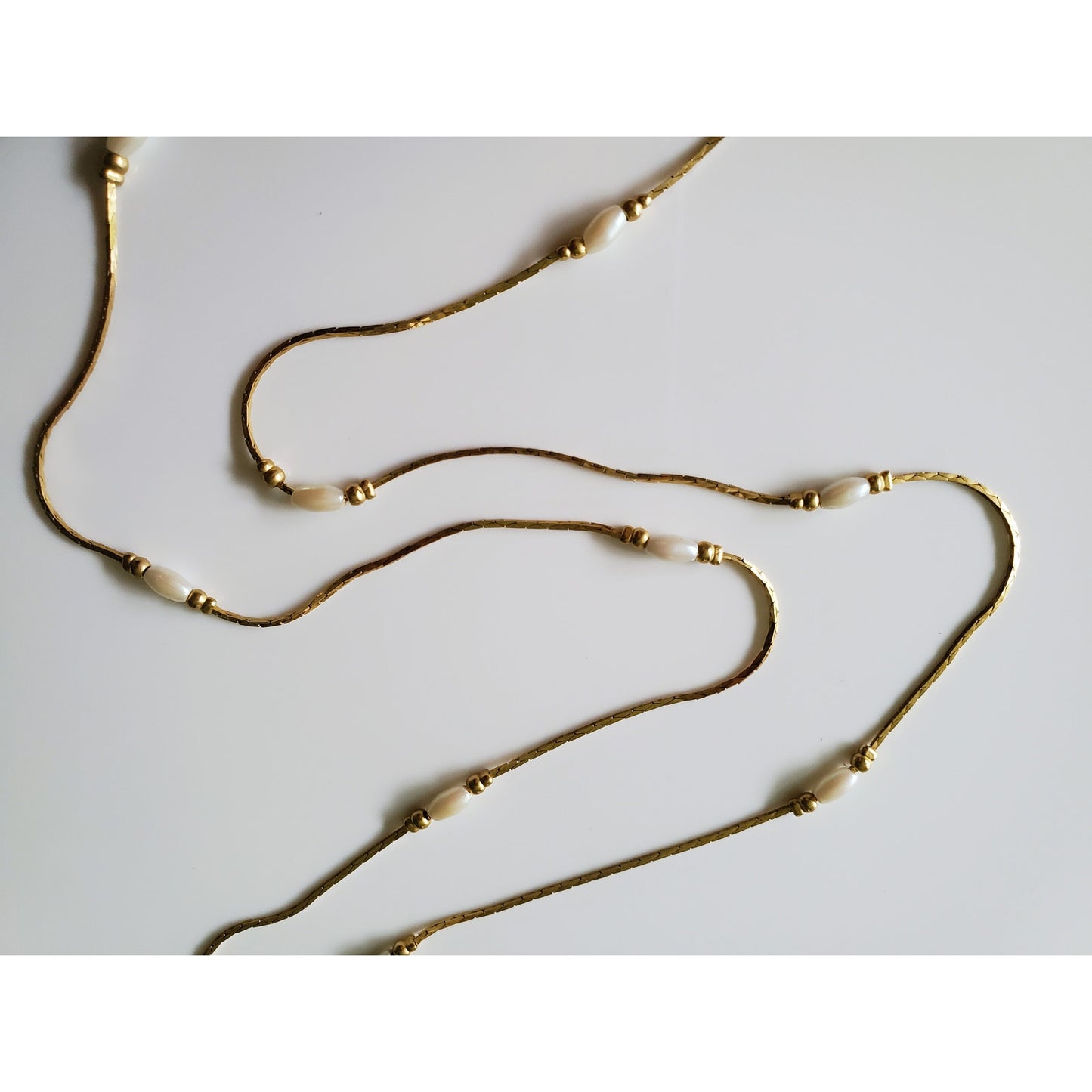 Vintage Beaded Long Chain Gold Tone and Faux Pearl Necklace