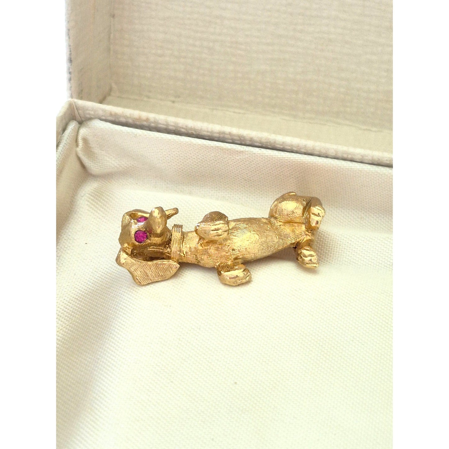 Vintage Napier Gold Tone Dachshund Dog Brooch with Red Rhinestone Eye