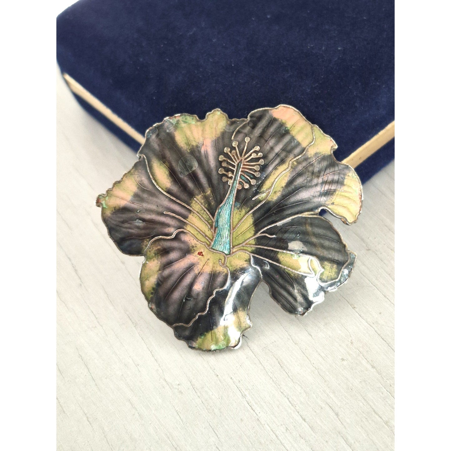Vintage Black and Yellow Enamel and Silver-plated Hibiscus Brooch Pin