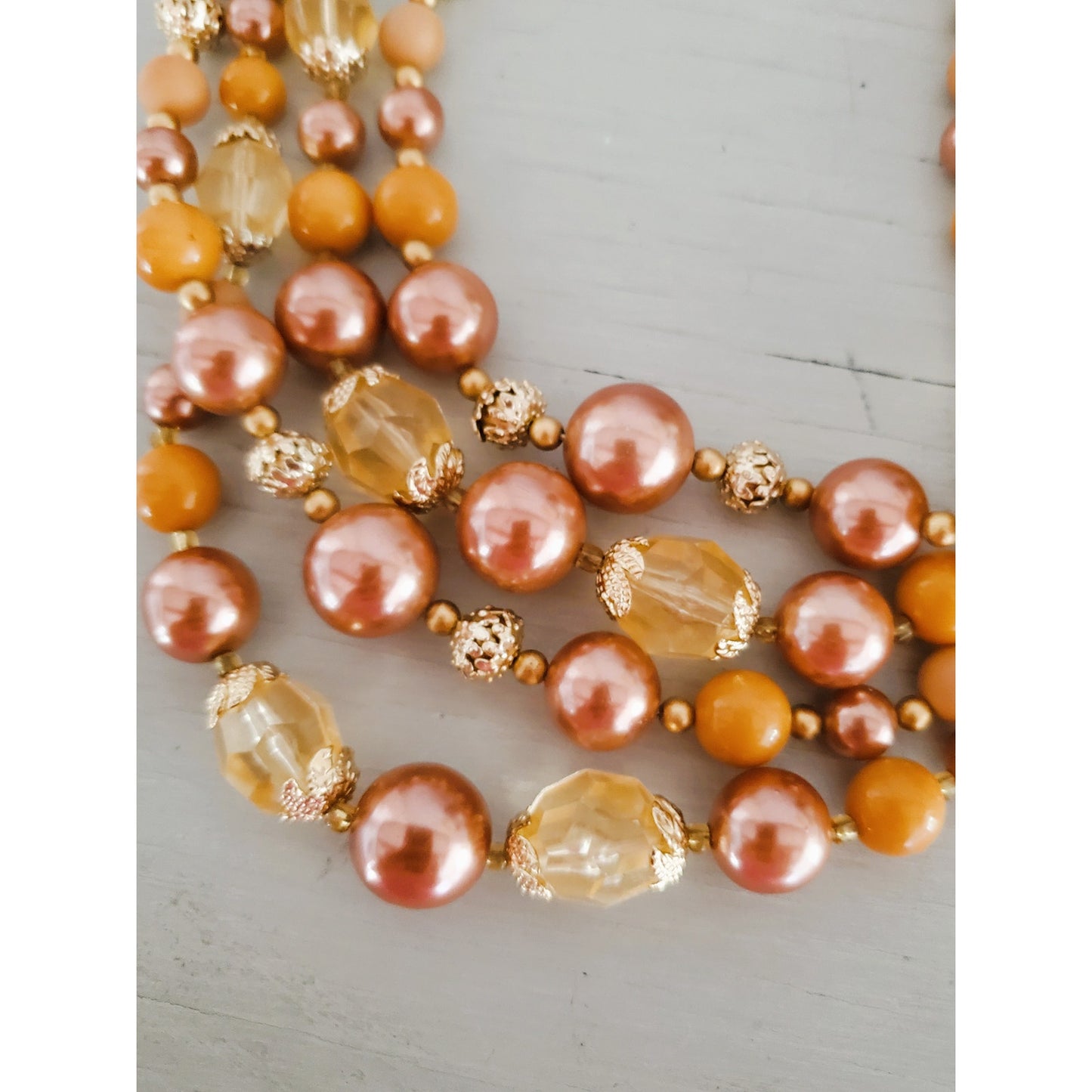 Vintage Japan Triple Strand Pink & Gold Tone Faux Pearl Necklace and Earring Set