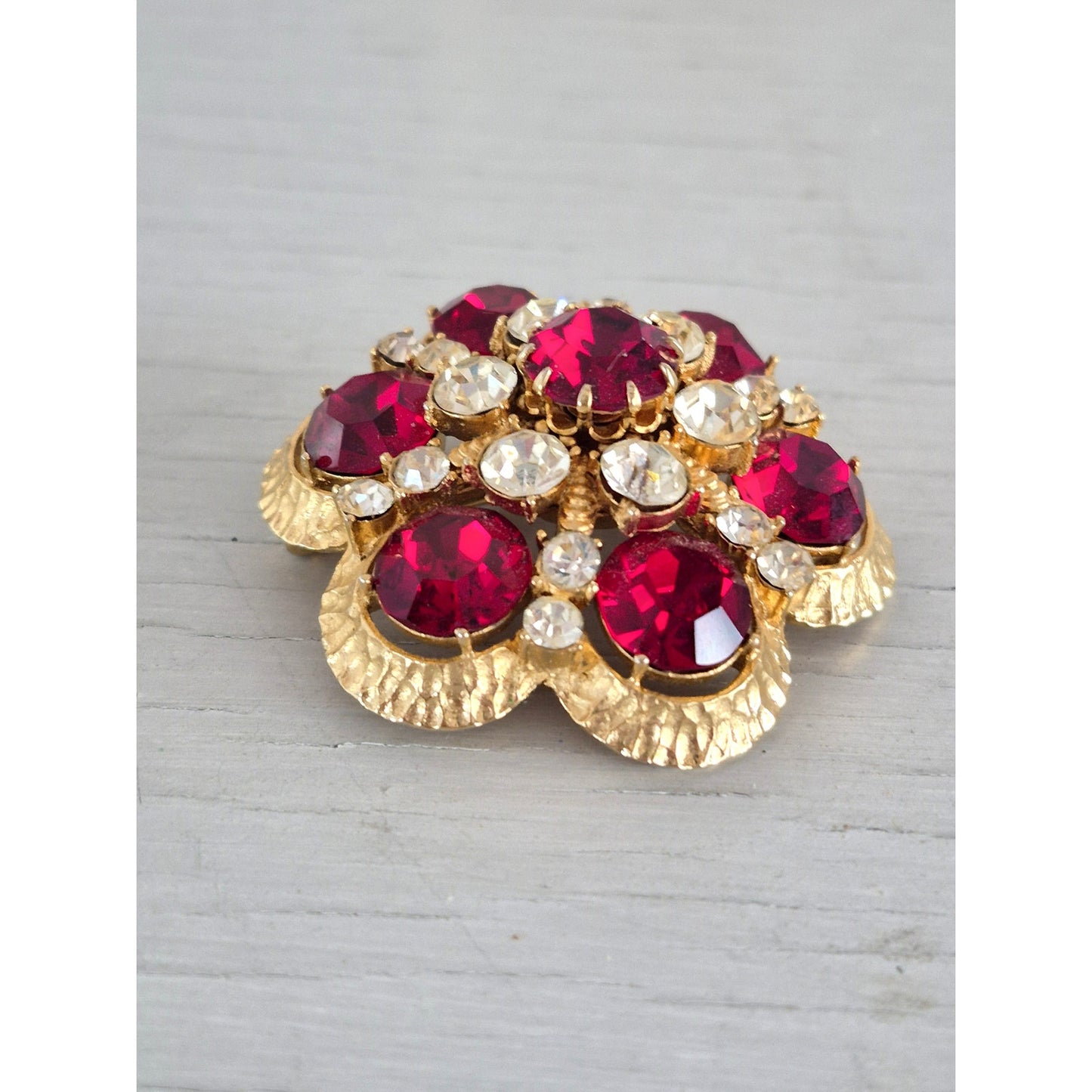 Vintage Ruby Red Clear Crystal Floral Dome Francois Designer Brooch Pendant