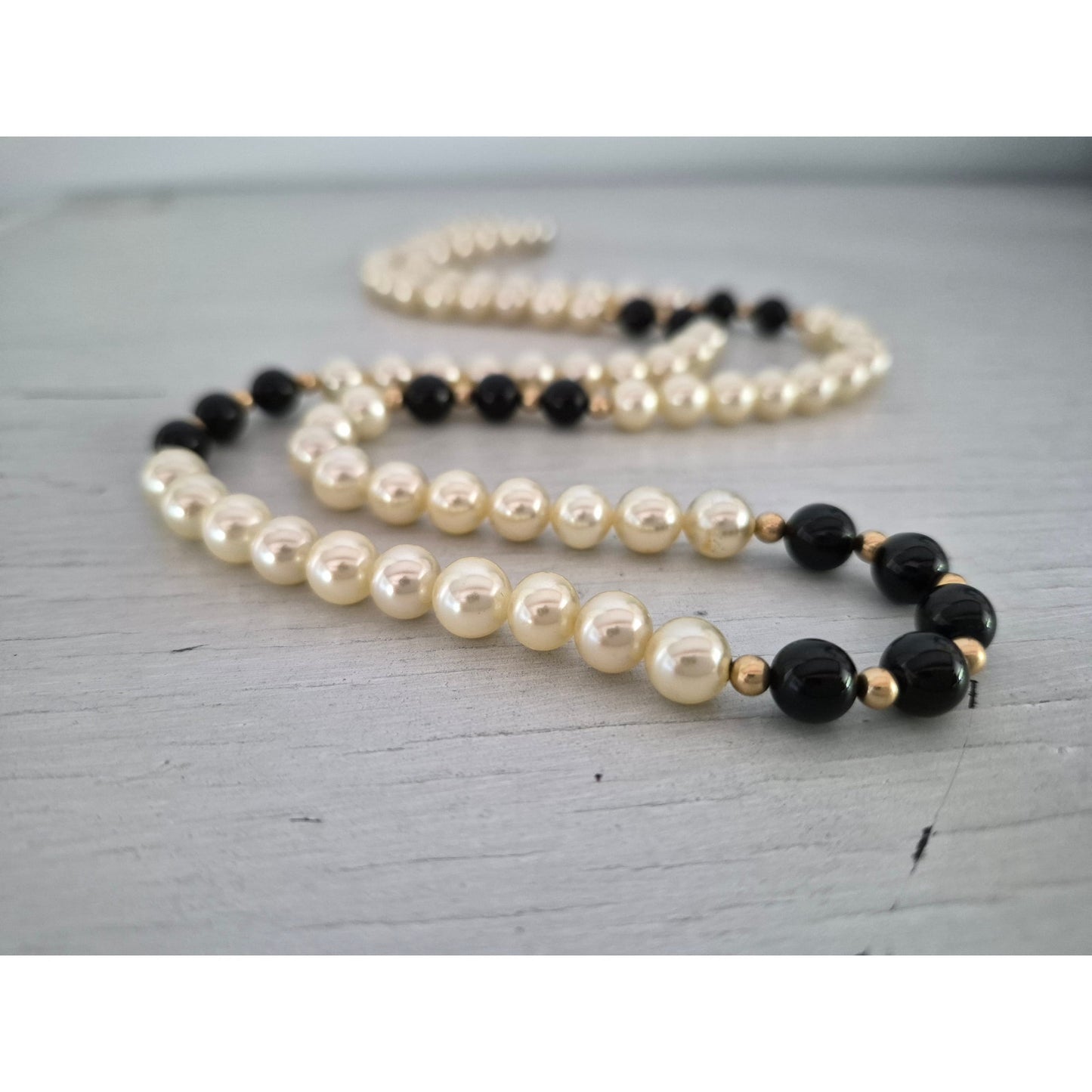 Vintage Faux Pearl Black Beaded Necklace with Sterling Silver Filigree Box Clasp