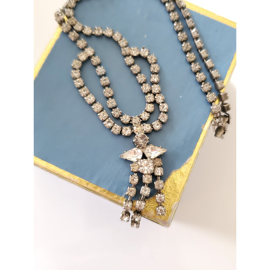Vintage Mid-Century Rhinestone Bow with Tassel Necklace