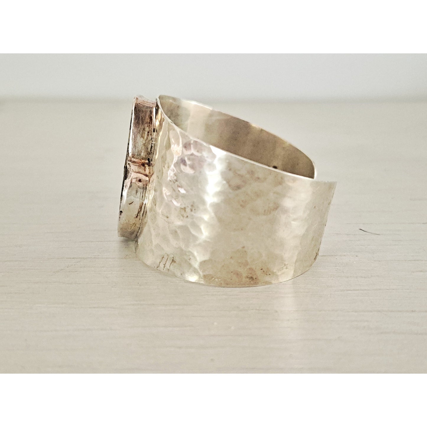 Vintage Mexican Hammered Sterling Silver Ammonite Fossil Cuff Bracelet