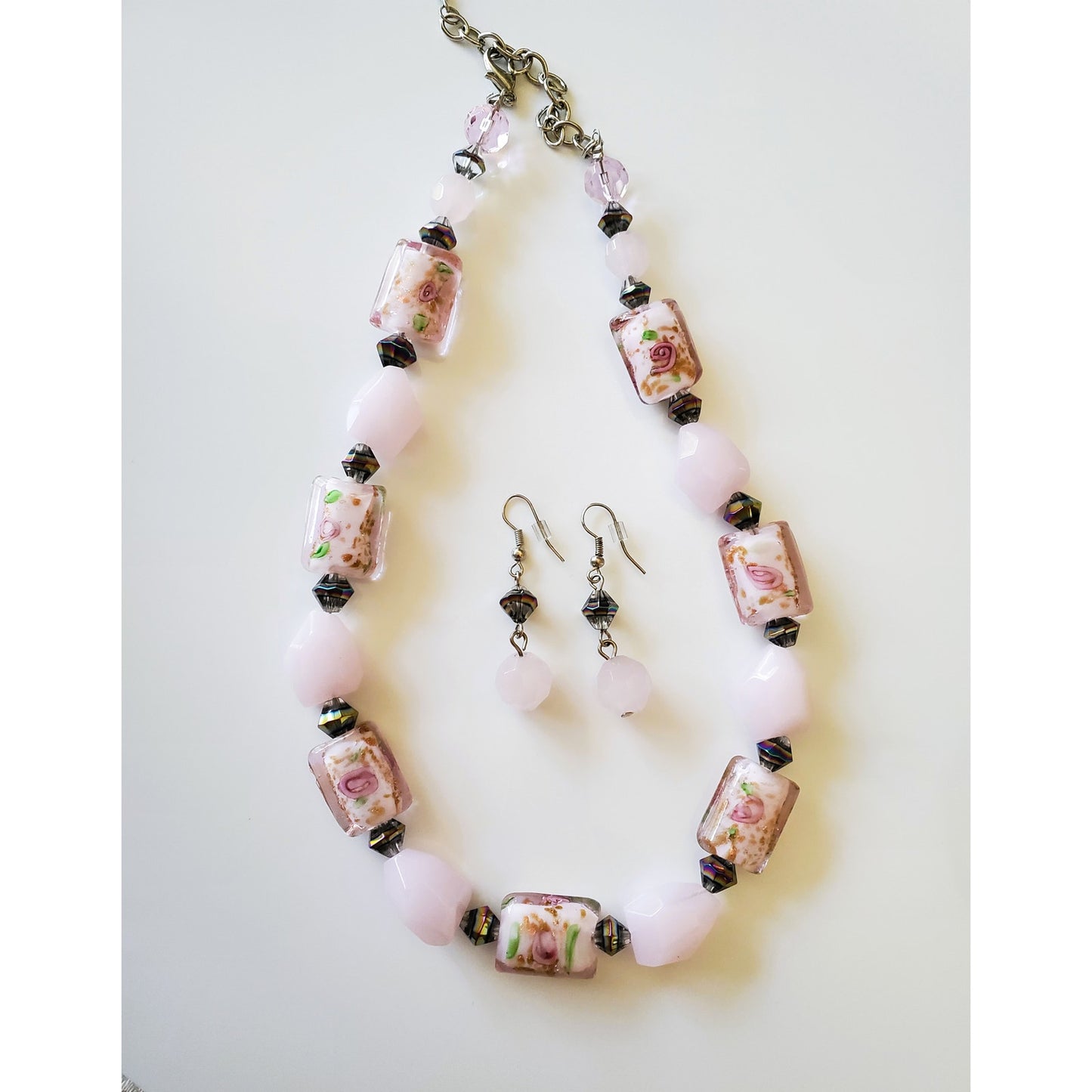 Vintage Light Pink Beaded Necklace and Earring Set