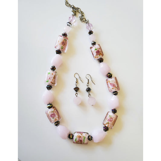 Vintage Light Pink Beaded Necklace and Earring Set