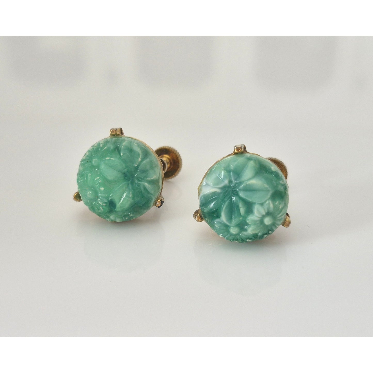 Vintage Mid-Century Faux Molded Glass Jade Screw On Earrings Lot of 2