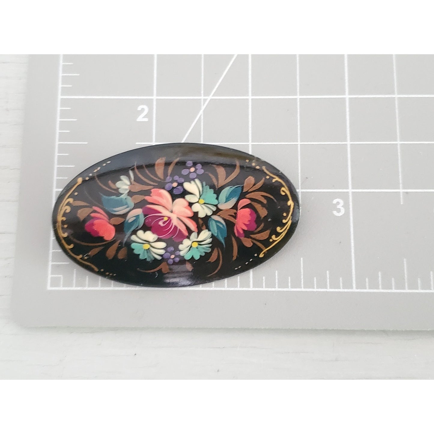 Vintage Russian Signed Hand Painted Floral Brooch Pin