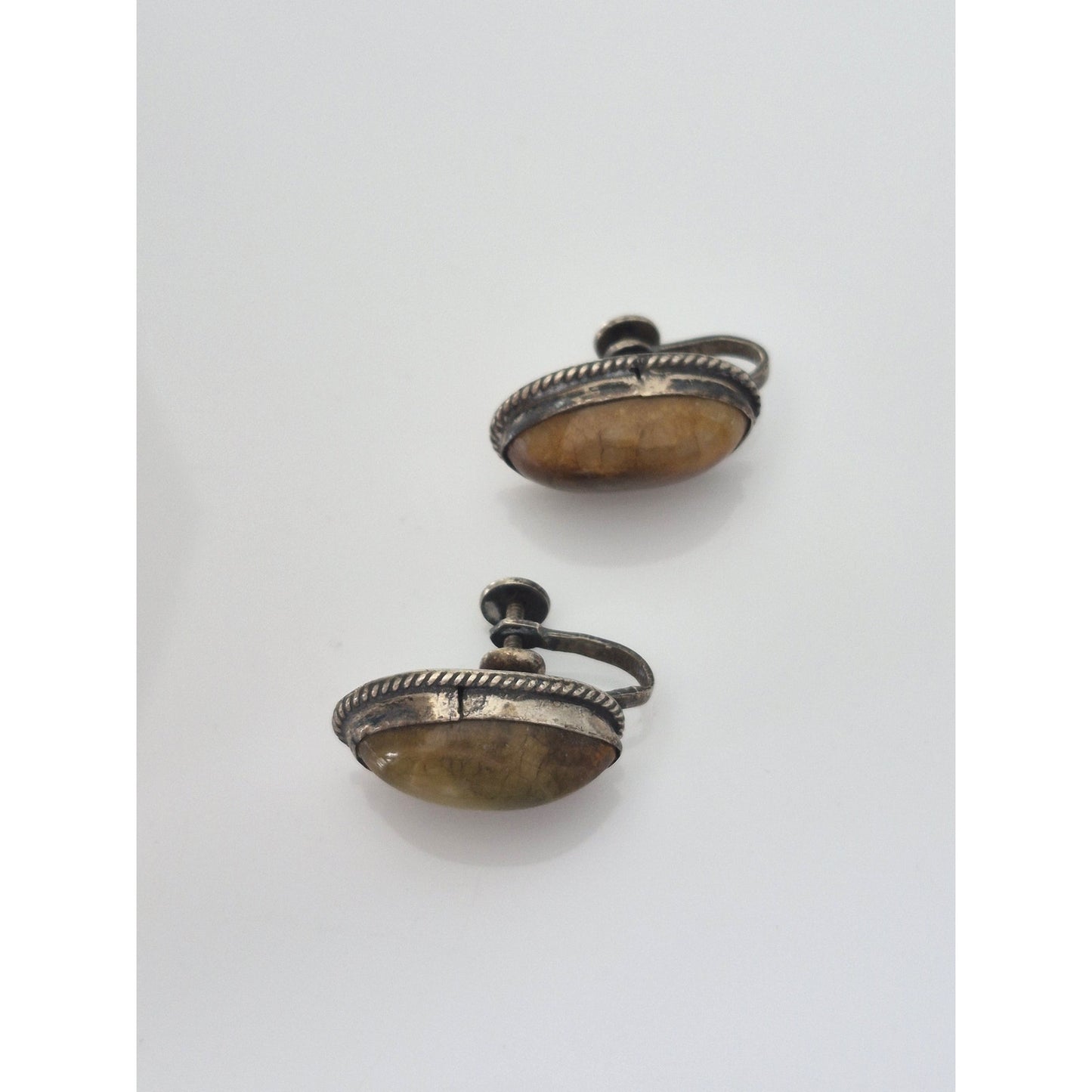 Vintage Sterling Silver Tiger Eye Oval Screw On Earrings