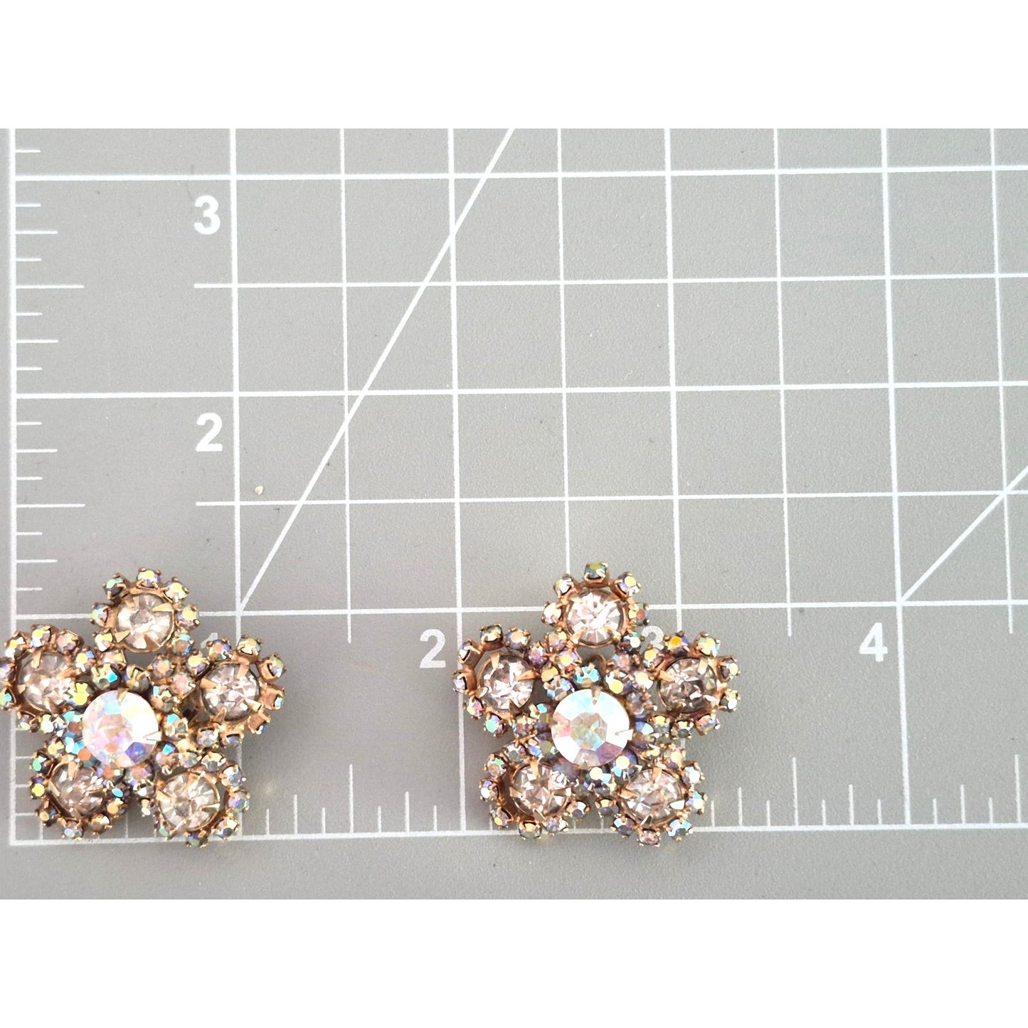 Vintage 1950s AB Rhinestone Flower Clip On Style Earrings